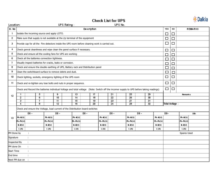 UPS Maintenance Checklist Template | PDF | Electrical Equipment ...