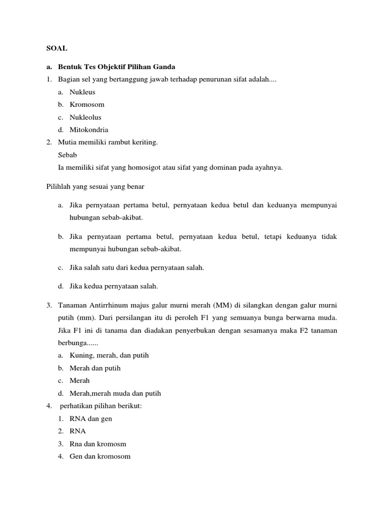 Soal A Bentuk Tes Objektif Pilihan Ganda
