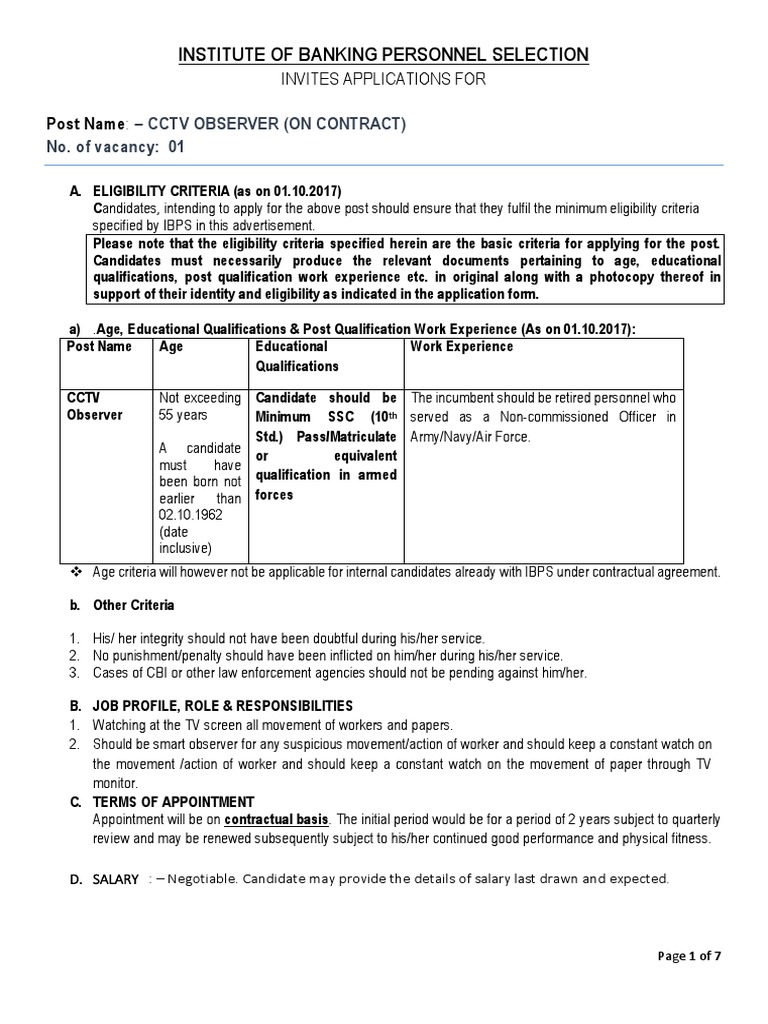 Institute of Banking Personnel Selection:: - CCTV Observer (On Contract ...