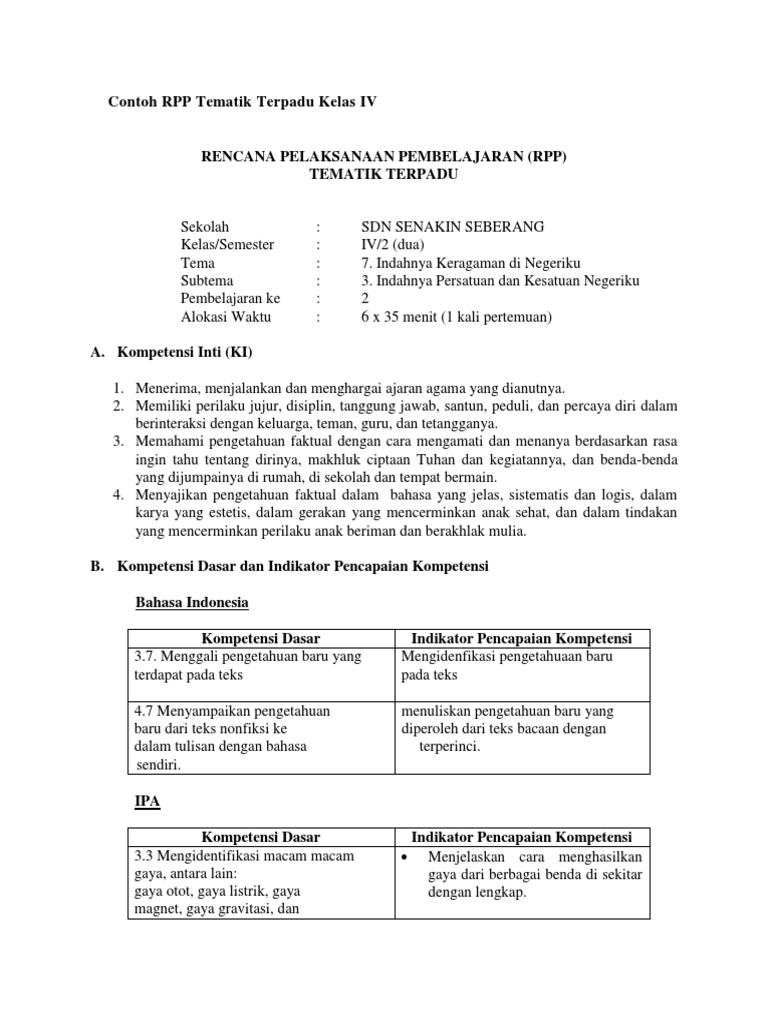 Contoh RPP Tematik Kelas 4 SD | PDF | Seni & Disiplin Bahasa | Kajian ...