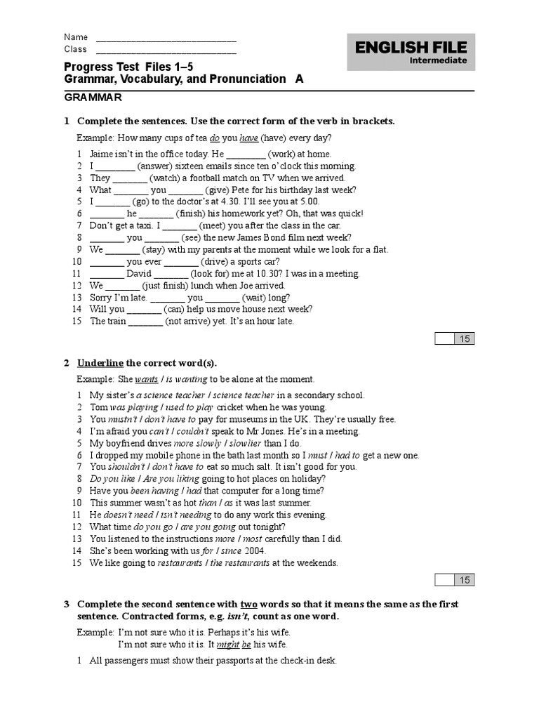 Progress Test Files 1-5 Grammar, Vocabulary, and Pronunciation A | PDF ...