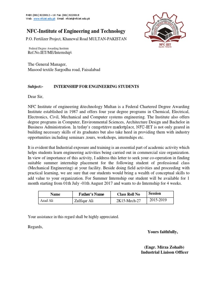 Engineering Internship Request Letter | PDF