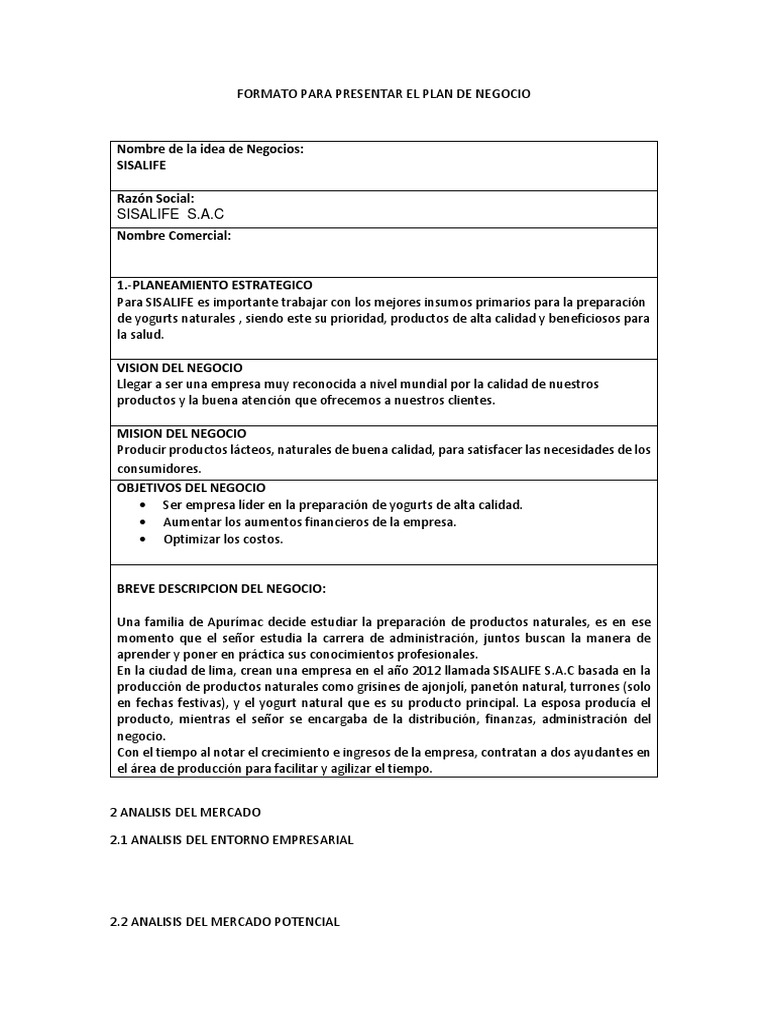 Formato Para Presentar El Plan de Negocio  Calidad (comercial