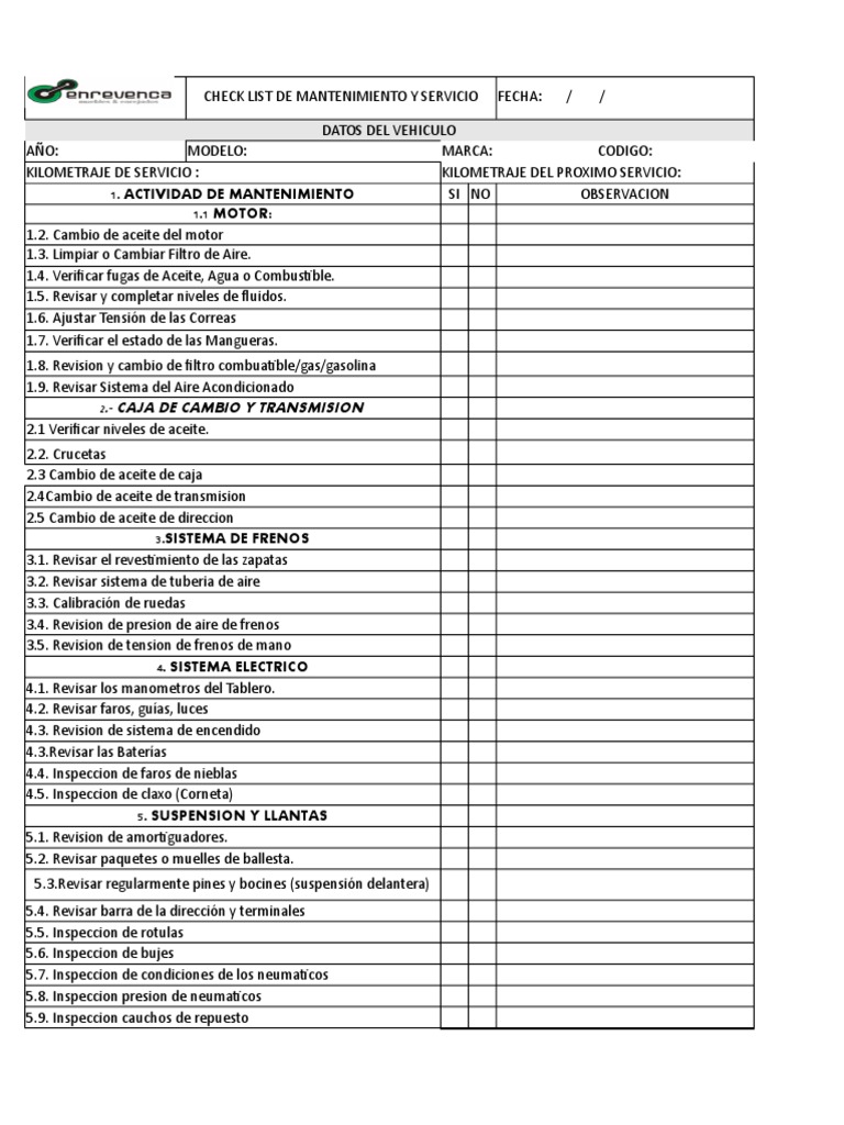 Check List De Mantenimiento Y Serviciosxlsx Estilos De Carrocería