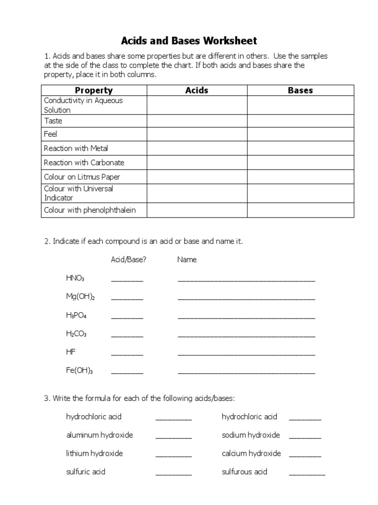 Acid Base Worksheet Inside Acid Base Reaction Worksheet