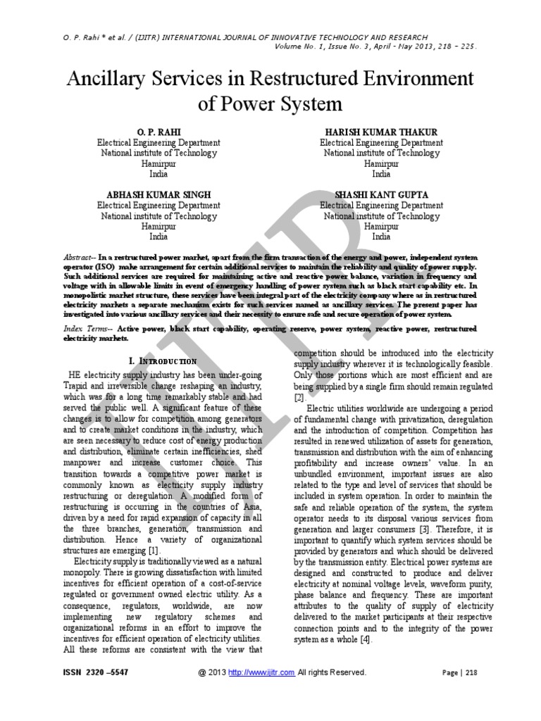 Ancillary Services in Restructured Environment of Power System PDF
