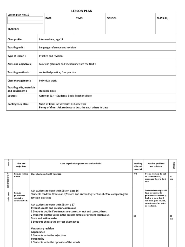 Language Revision Lesson Plan for Class III1 | PDF | Lesson Plan ...