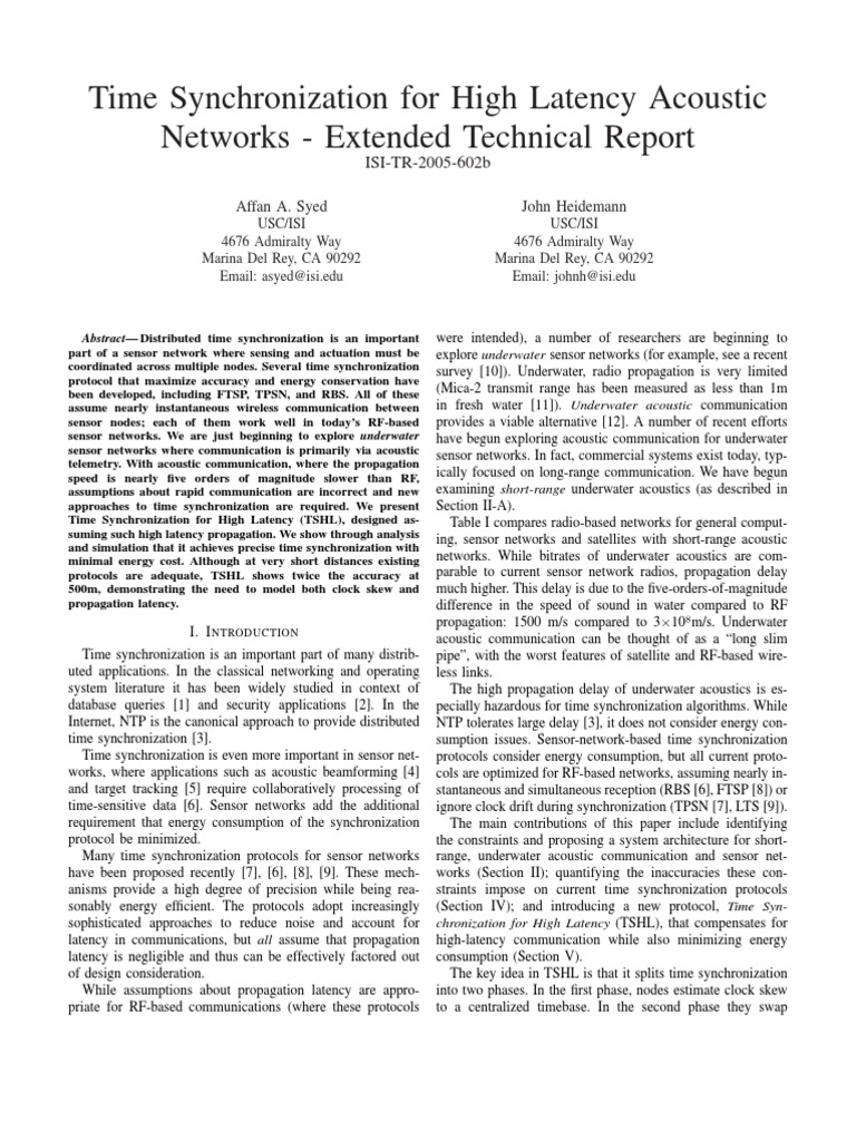Time Sync in High Latency Acoustic Networks | PDF