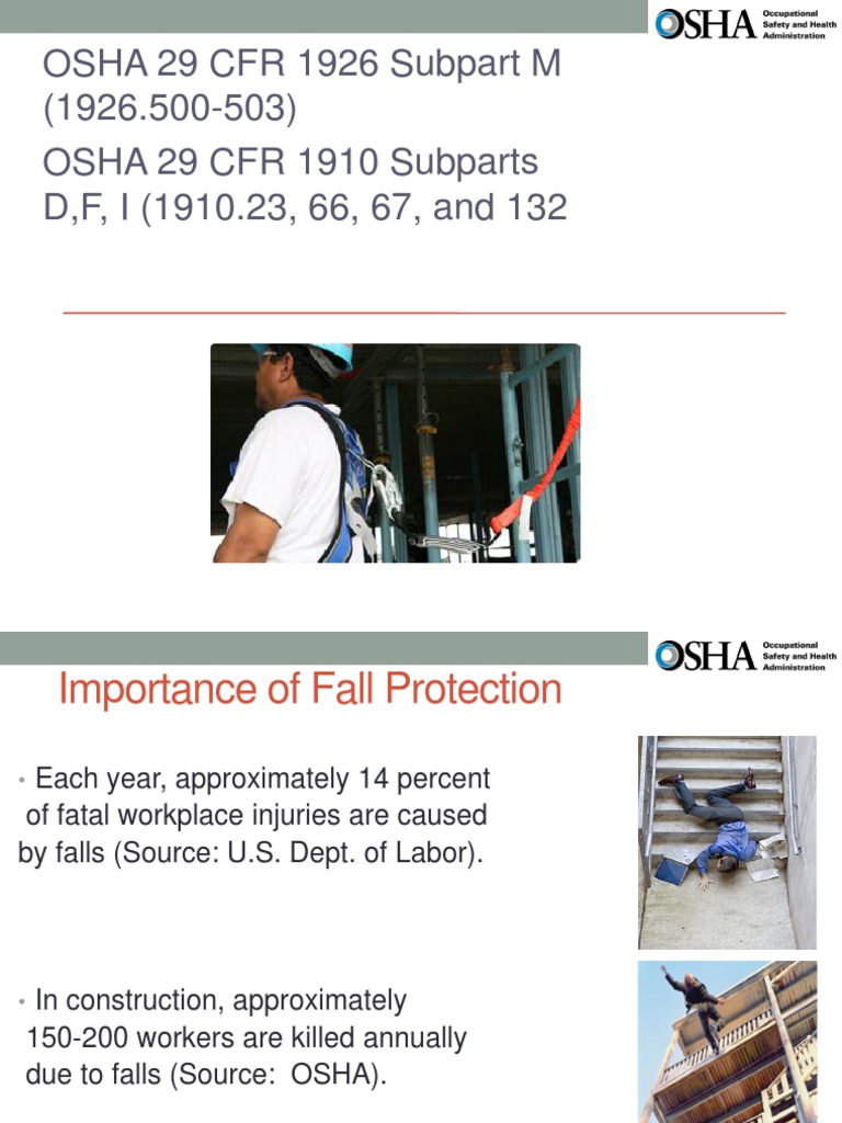 OSHA 29 CFR 1926 Subpart M (1926.500-503) OSHA 29 CFR 1910 Subparts D,F, I (1910.23, 66, 67, and ...