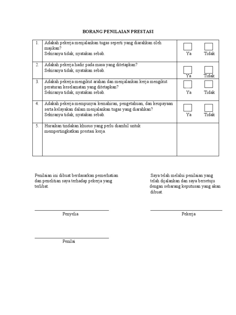 Contoh Borang Penilaian Prestasi Kerja Swasta