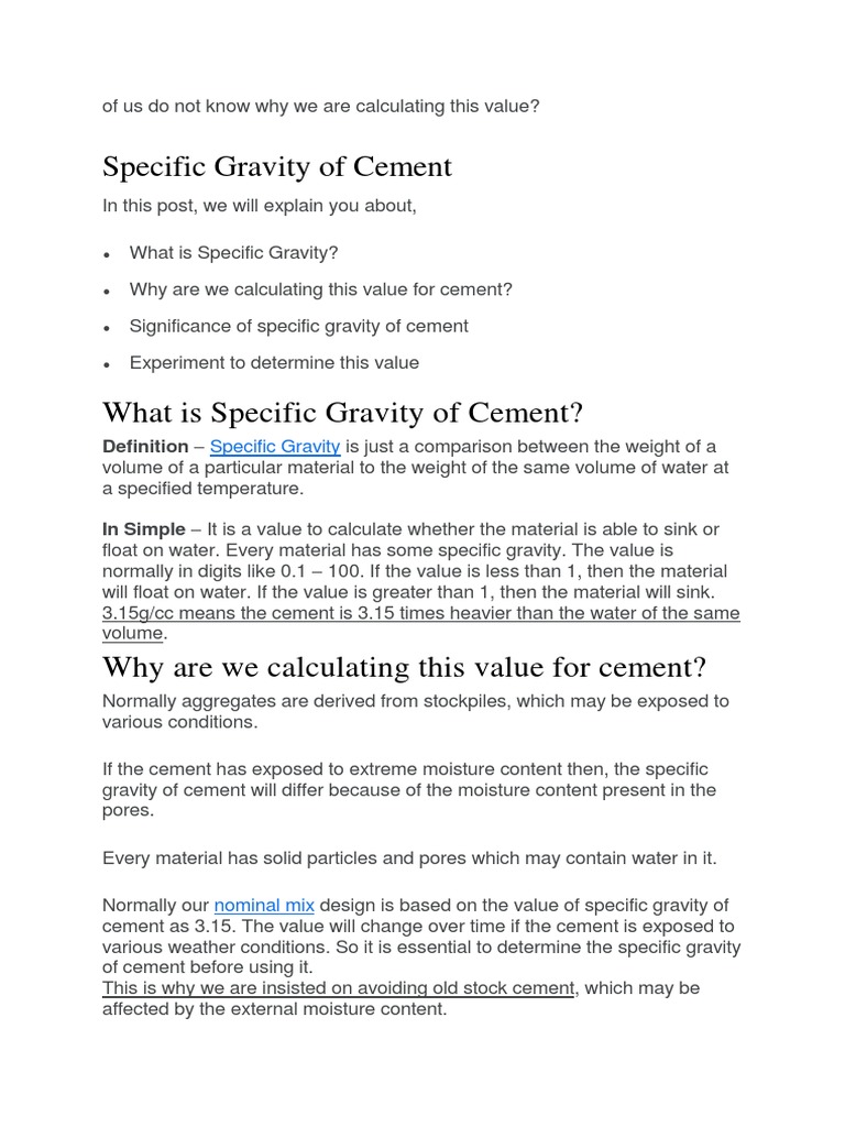 Specific Gravity of Cement Explained | PDF | Concrete | Gravity