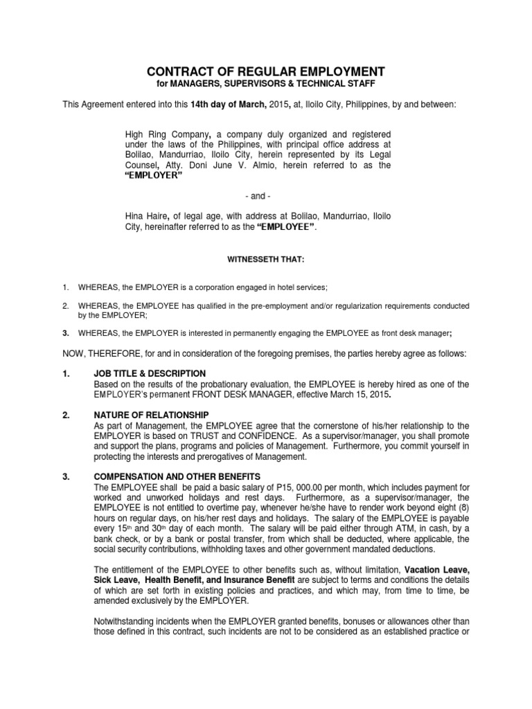 Regular Employment Contract for Managers | PDF | Employee Benefits ...