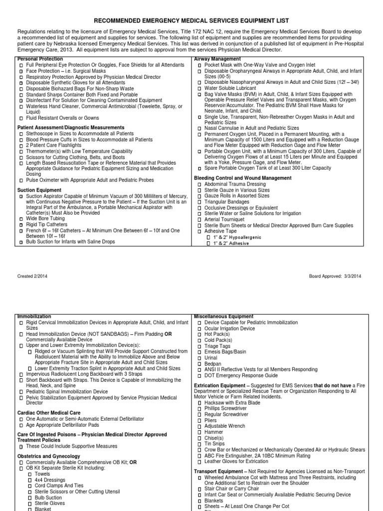 Recommended Emergency Medical Services Equipment List: Created 2/2014 ...