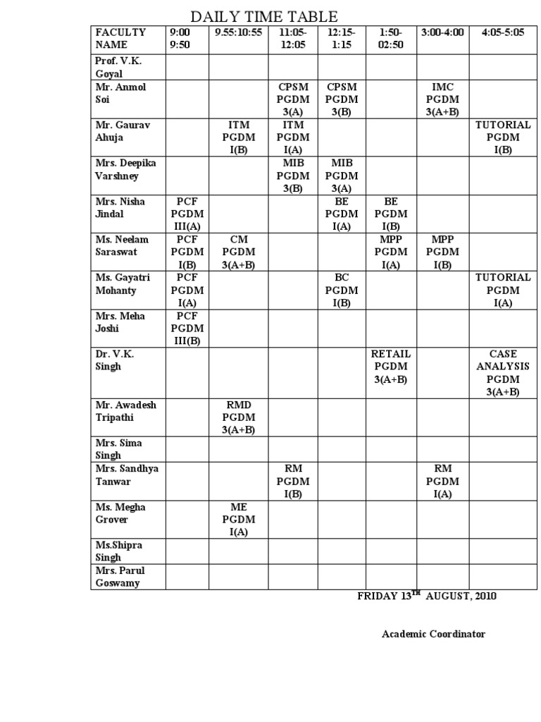 PGDM Faculty Daily Time Table | PDF