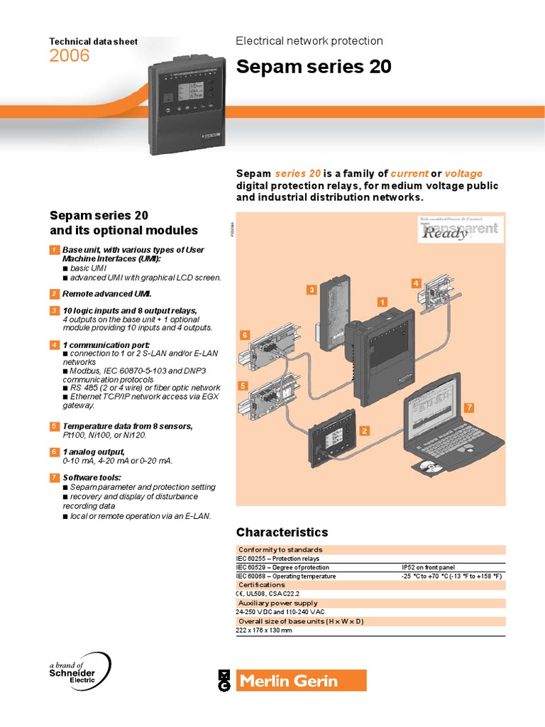 Sepam 20 Data Sheet | Relay | Computer Network