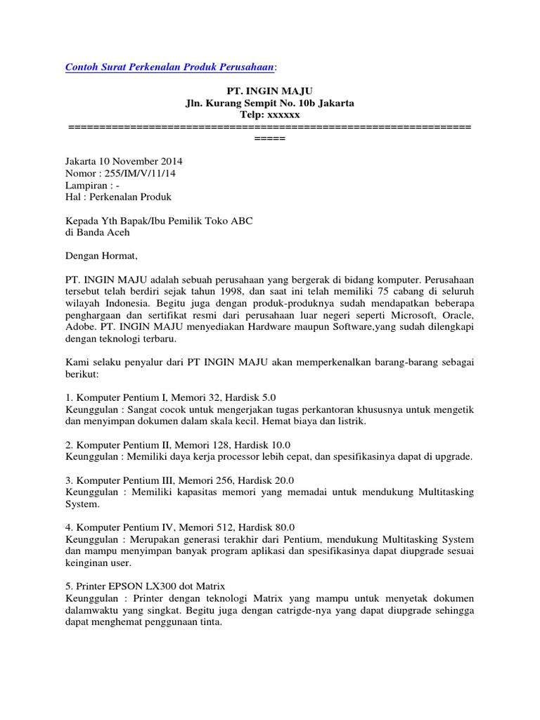 Contoh Surat Perkenalan Produk Perusahaan