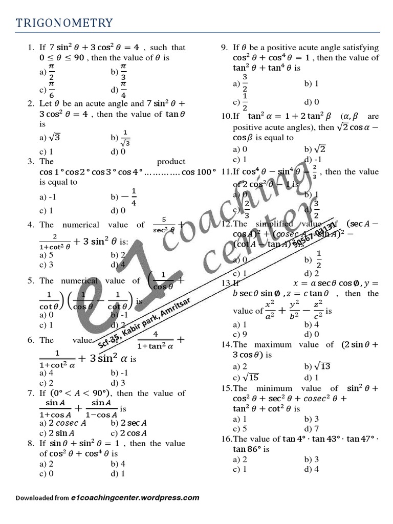 Trigonometry Practice Questions and Answers | PDF | Geometry ...