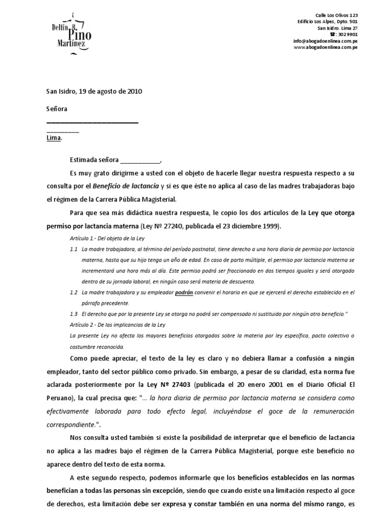 Carta Beneficio de Lactancia