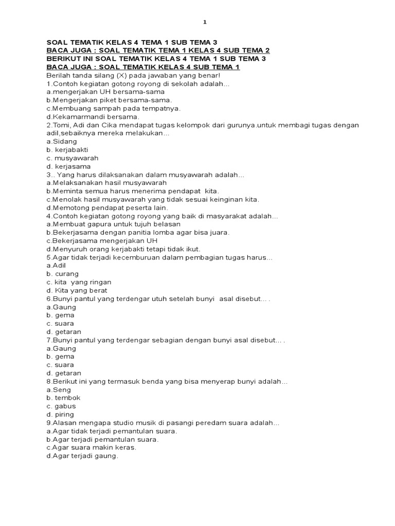 Soal Tematik Kelas 4 Tema 1 Sub Tema 3