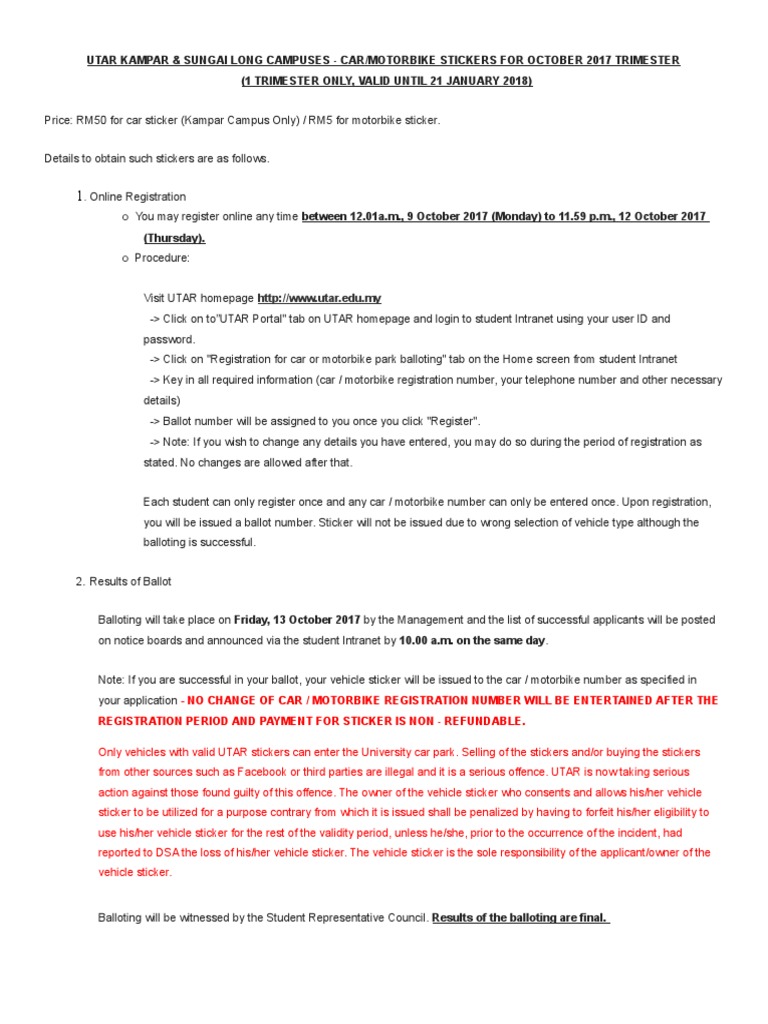 Utar Kampar & Sungai Long Campuses Car/Motorbike Stickers For October