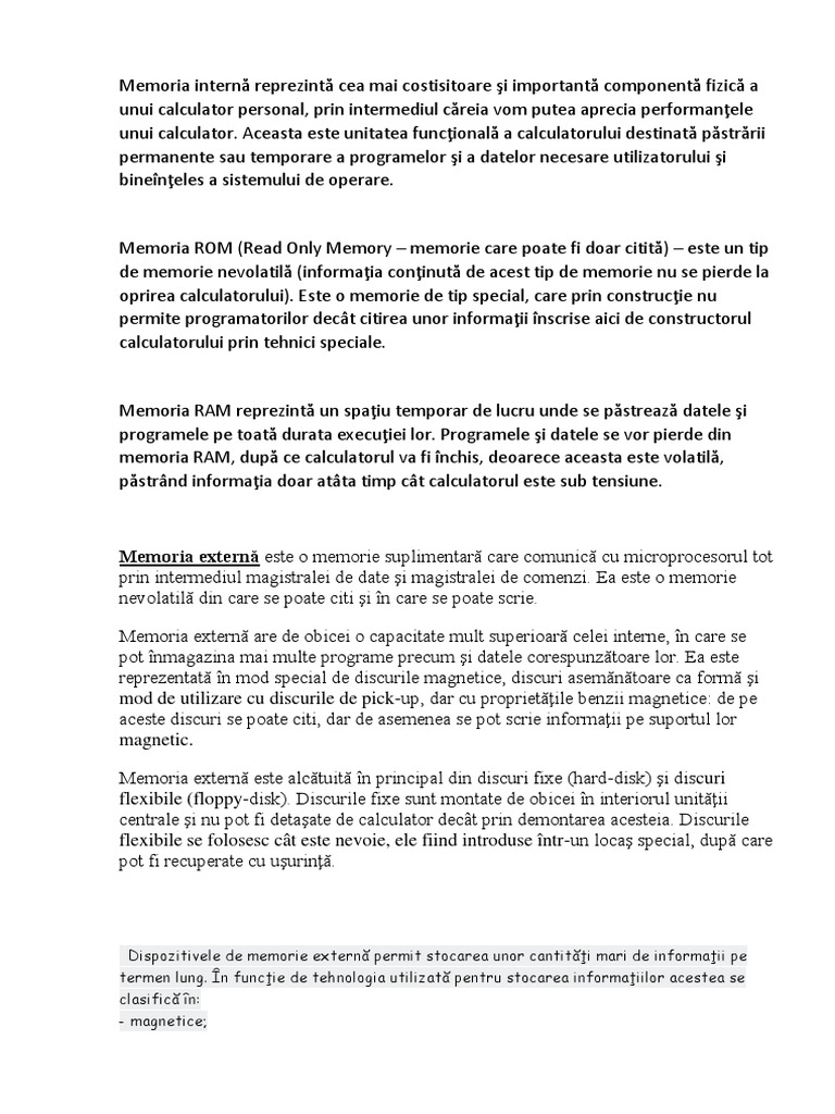 Memoria Interna Si Externa A Calculatorului