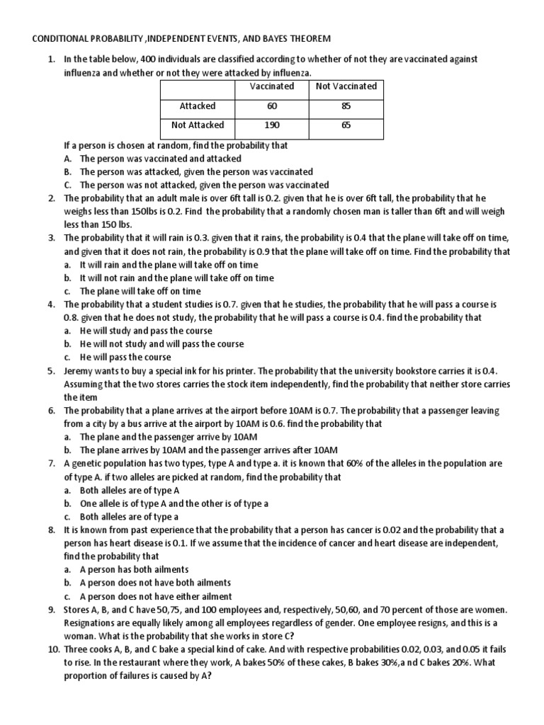 Examples Conditional, Independent and Bayes Theorem | PDF | Probability ...