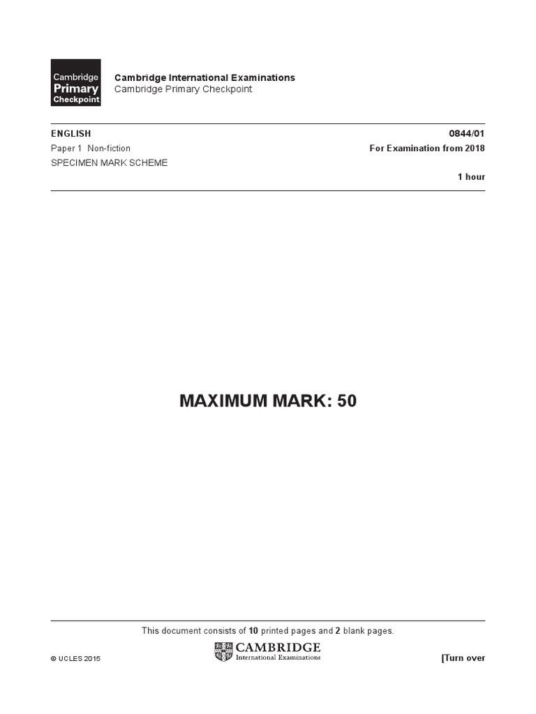 English Specimen Paper 1 Mark Scheme 2018 PDF Sentence (Linguistics