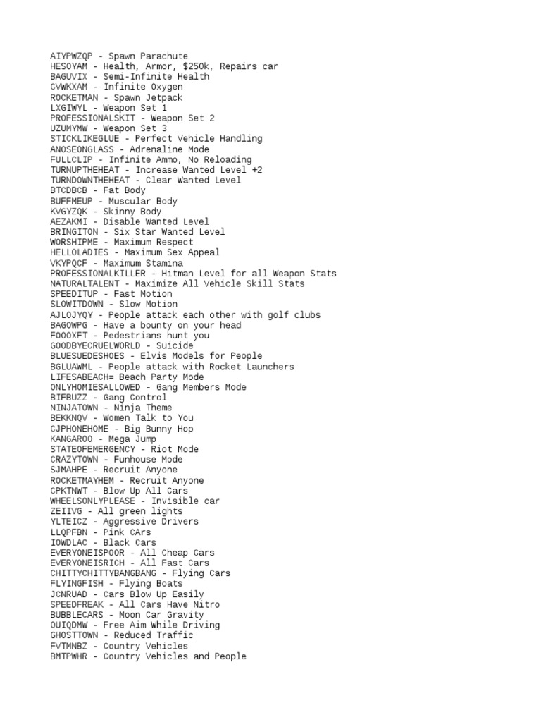 Gta SA Cheats  Vehicles