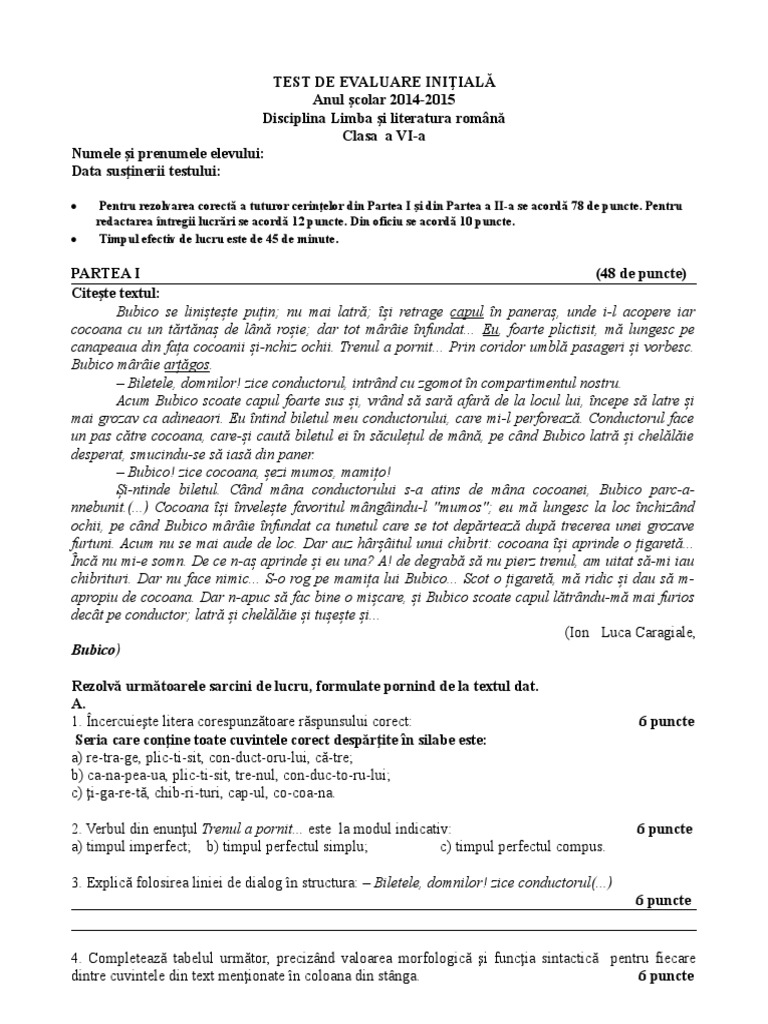Test de Evaluare Initiala Barem Cls. 6 | PDF