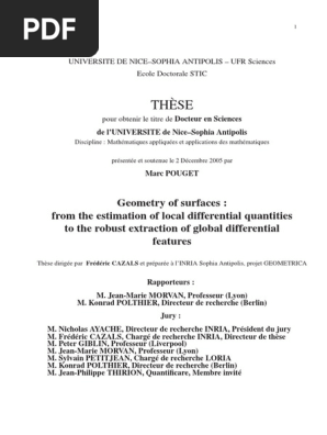 Pouget M Geometry Of Surfaces Estimation Of Local Differential Quantities And Extraction Of Global Features Univ De Nice 05 Mathematiques Discretes Geometrie Differentielle