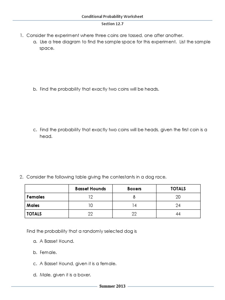 Conditional Probability Worksheet 11-11  Measure Theory  Probability Regarding Algebra 2 Probability Worksheet