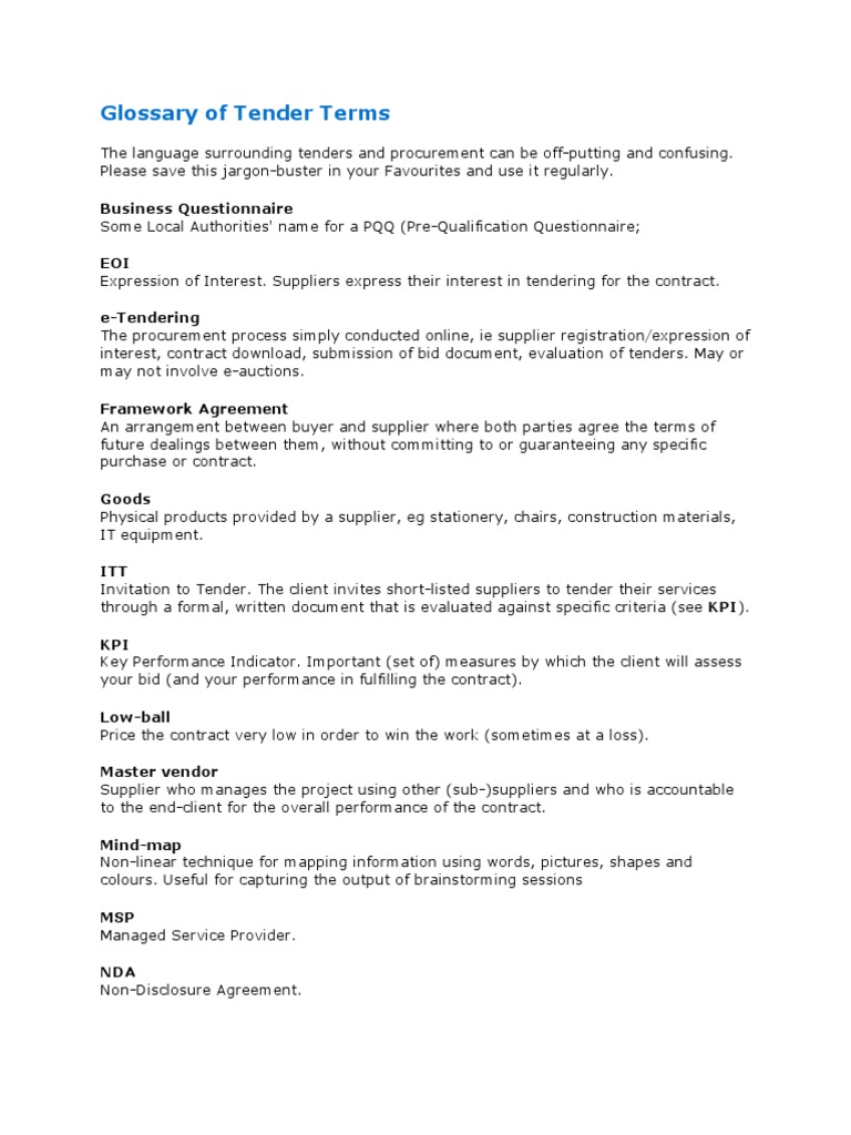 Glossary of Tender Terms PDF Request For Proposal Request For