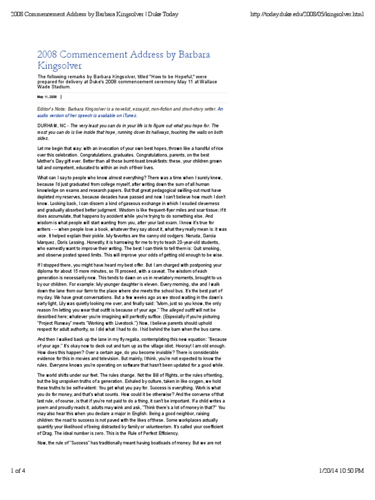 2008 Commencement Address by Barbara Kingsolver Duke Today | PDF | 2009 ...