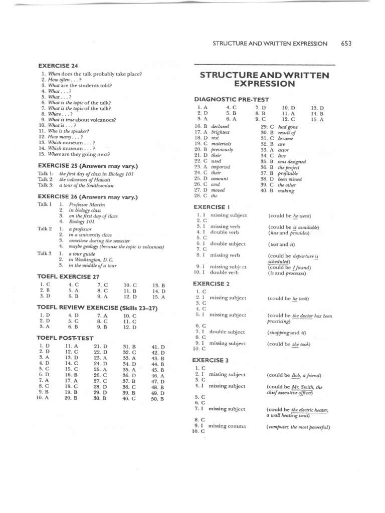 Answer Key Structure and Written Expression Exercises | PDF