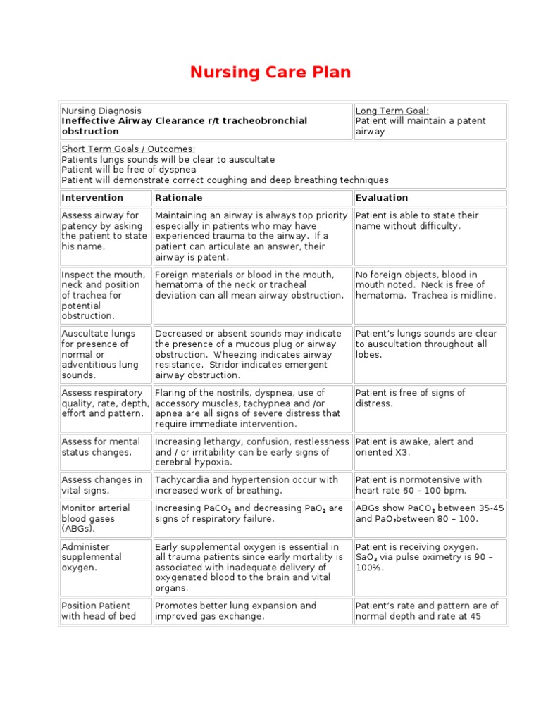Nursing Care Plan - Ineffective Airway Clearance | Respiratory Tract