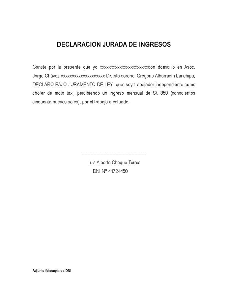 Declaracion Jurada de Ingresos | PDF