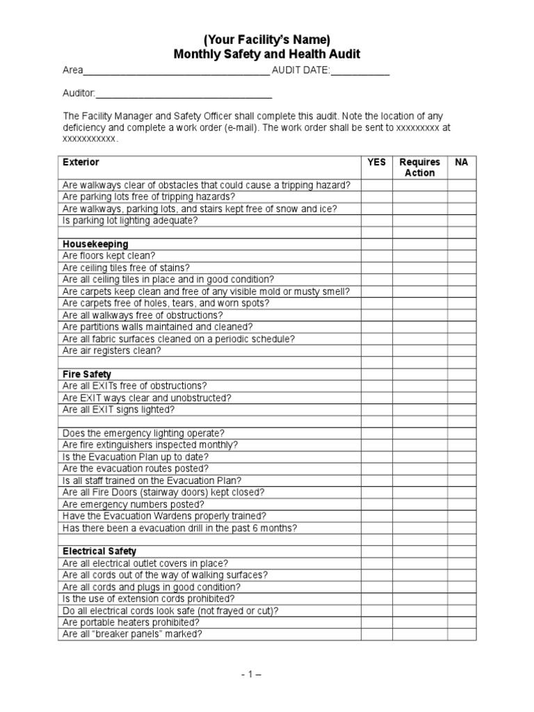 Monthly Facility Safety Audit Checklist | PDF | Building Engineering ...