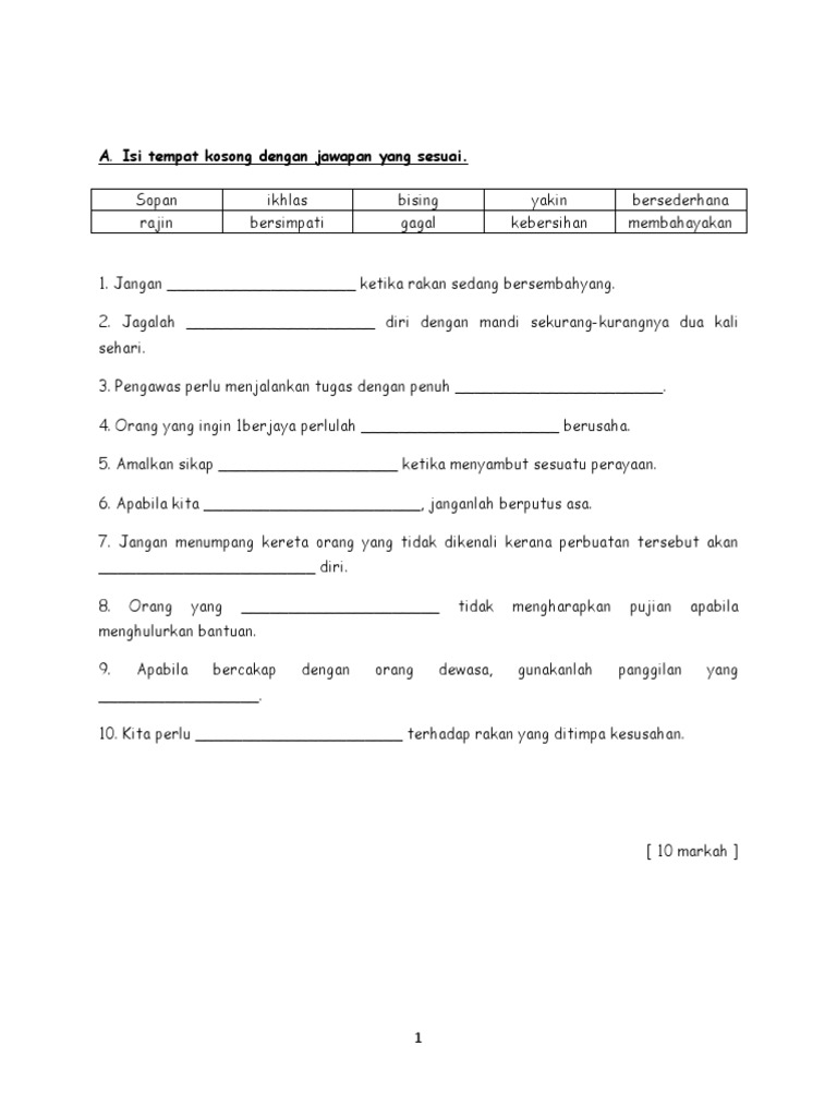 A. Isi tempat kosong dengan jawapan yang sesuai