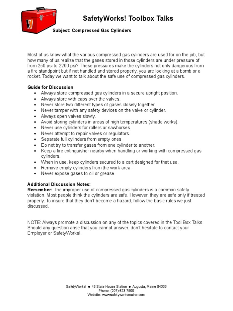 Safetyworks! Toolbox Talks Subject Compressed Gas Cylinders PDF Gases Valve