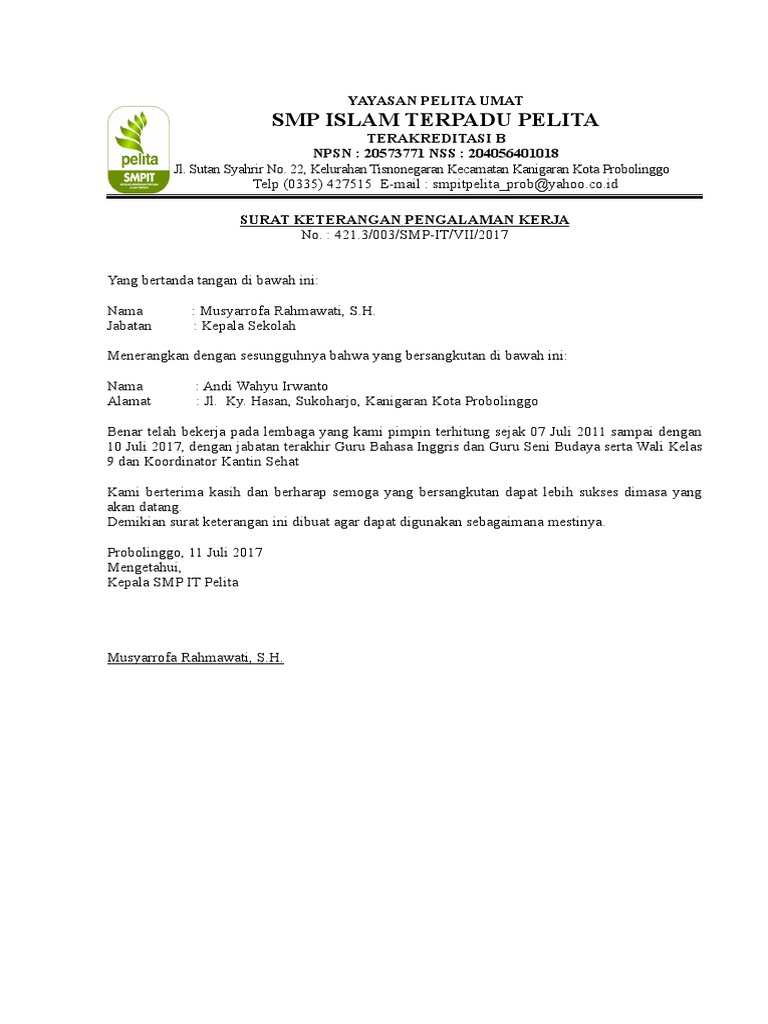 Surat Pengalaman Kerja Andi