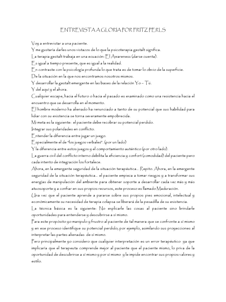 Entrevista A Gloria Por Fritz Perls PDF Terapia Gestalt Conceptos