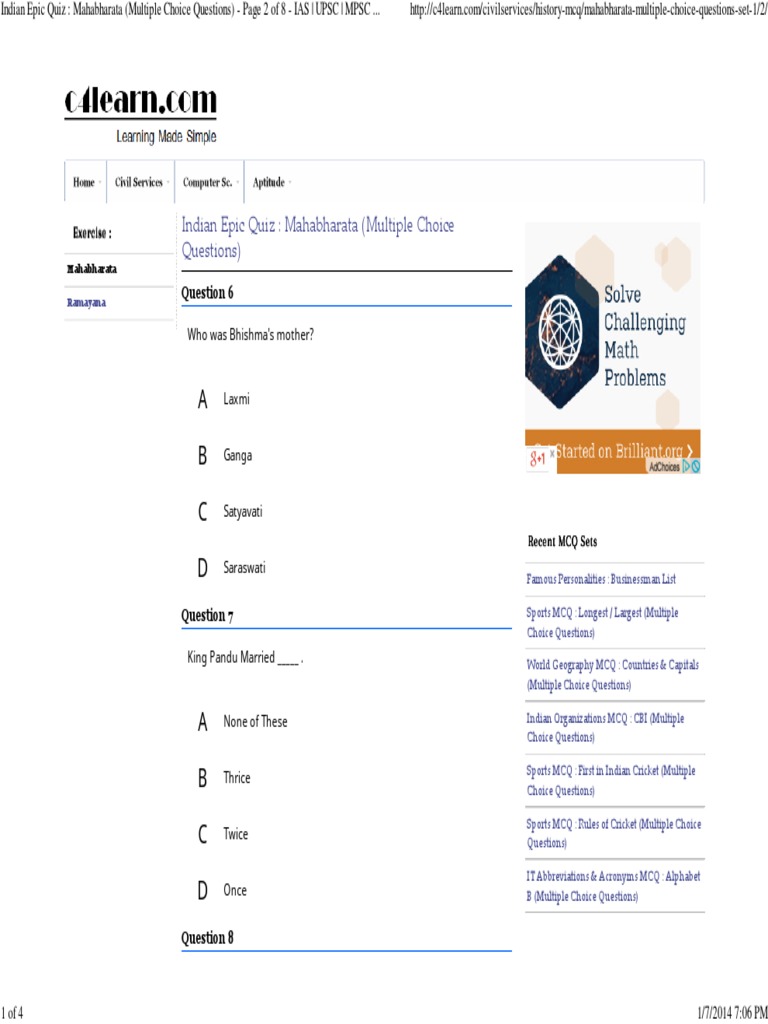 Indian Epic Quiz - Mahabharata (Multiple Choice Questions) - Page 2 of ...