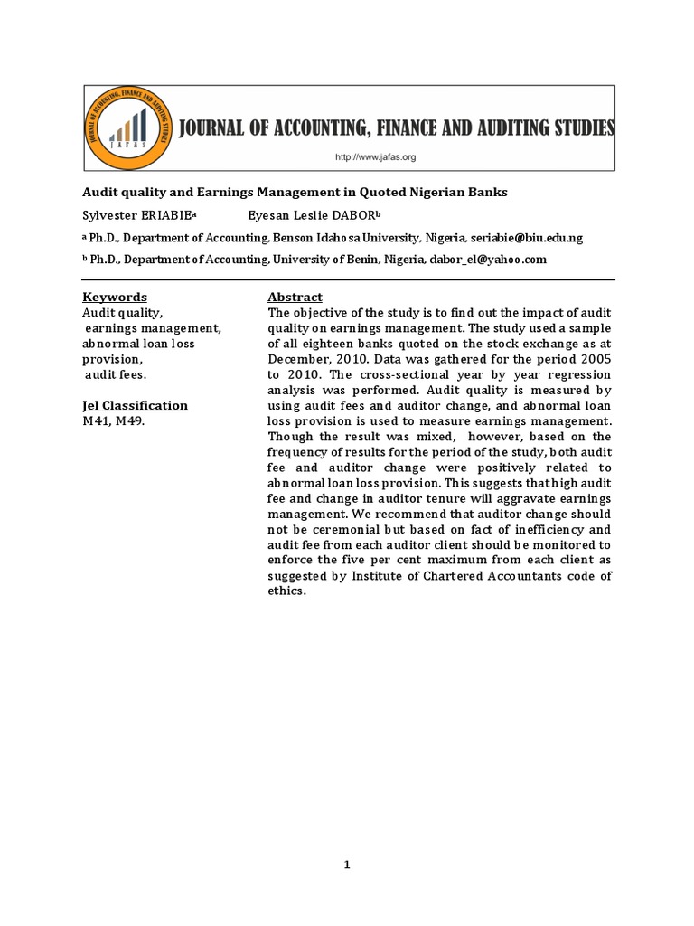 Audit Quality's Impact on Earnings Management | PDF | Coefficient Of ...