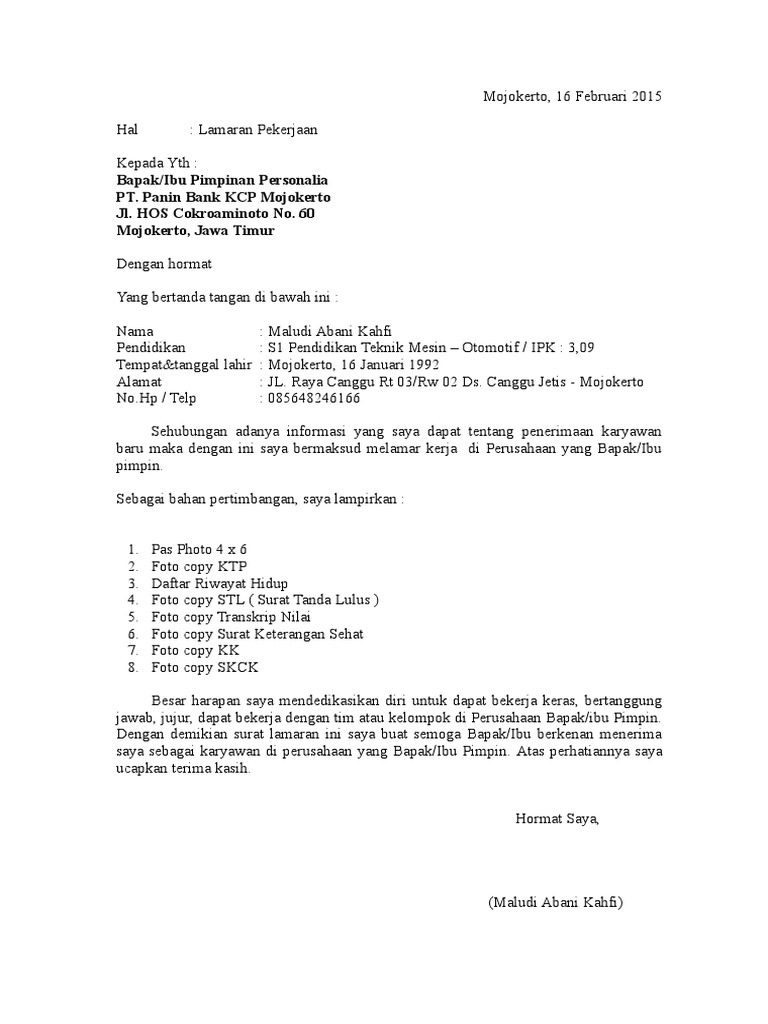 Contoh Surat Lamaran Kerja Bank Panin Seputar Bank