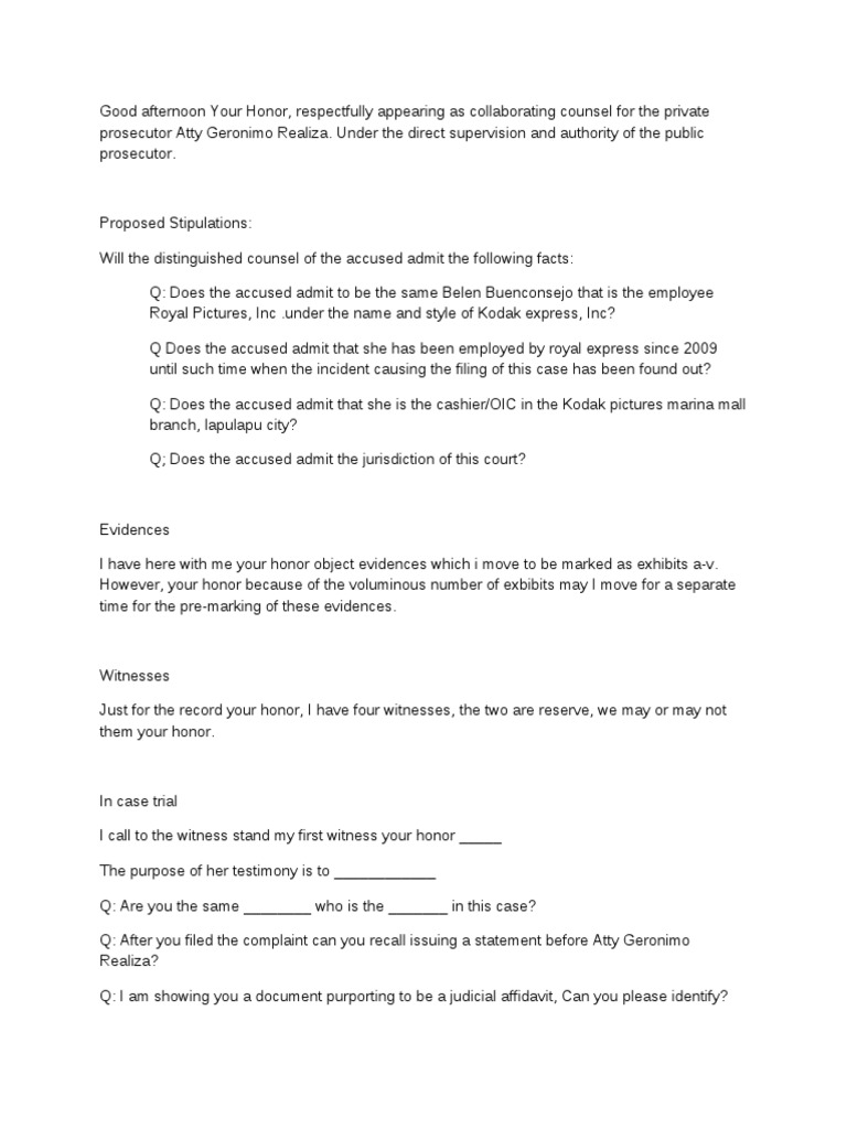 Proposed Stipulations and Witness Testimony in the Case of Belen ...