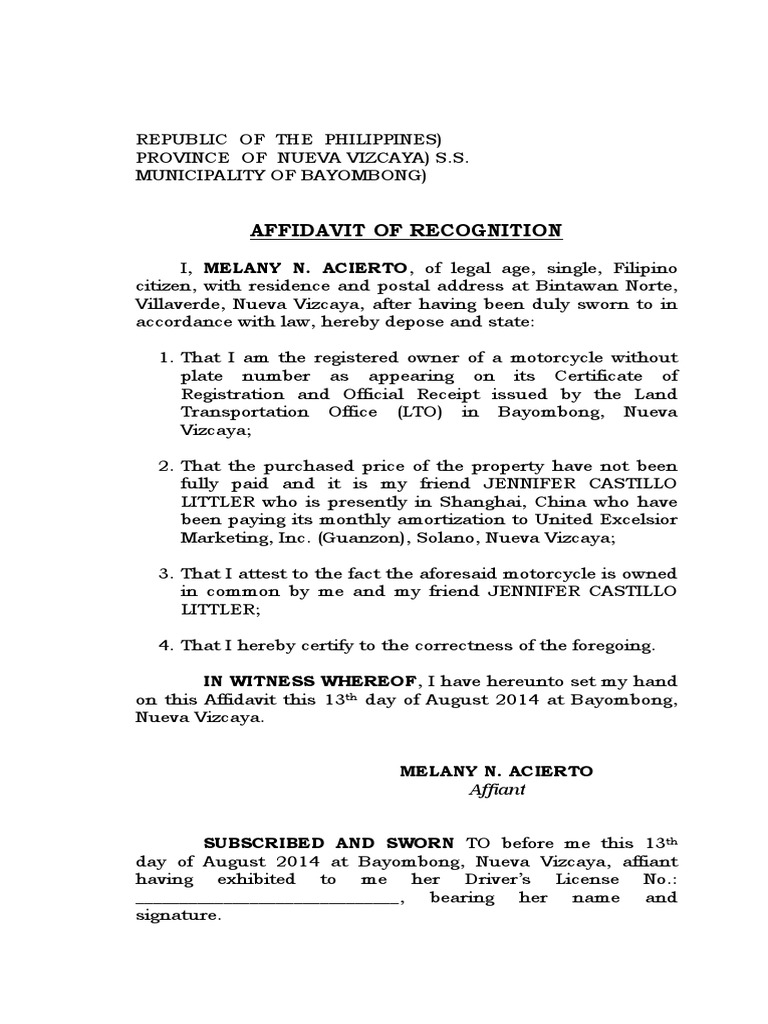 Motorcycle Ownership Affidavit | PDF
