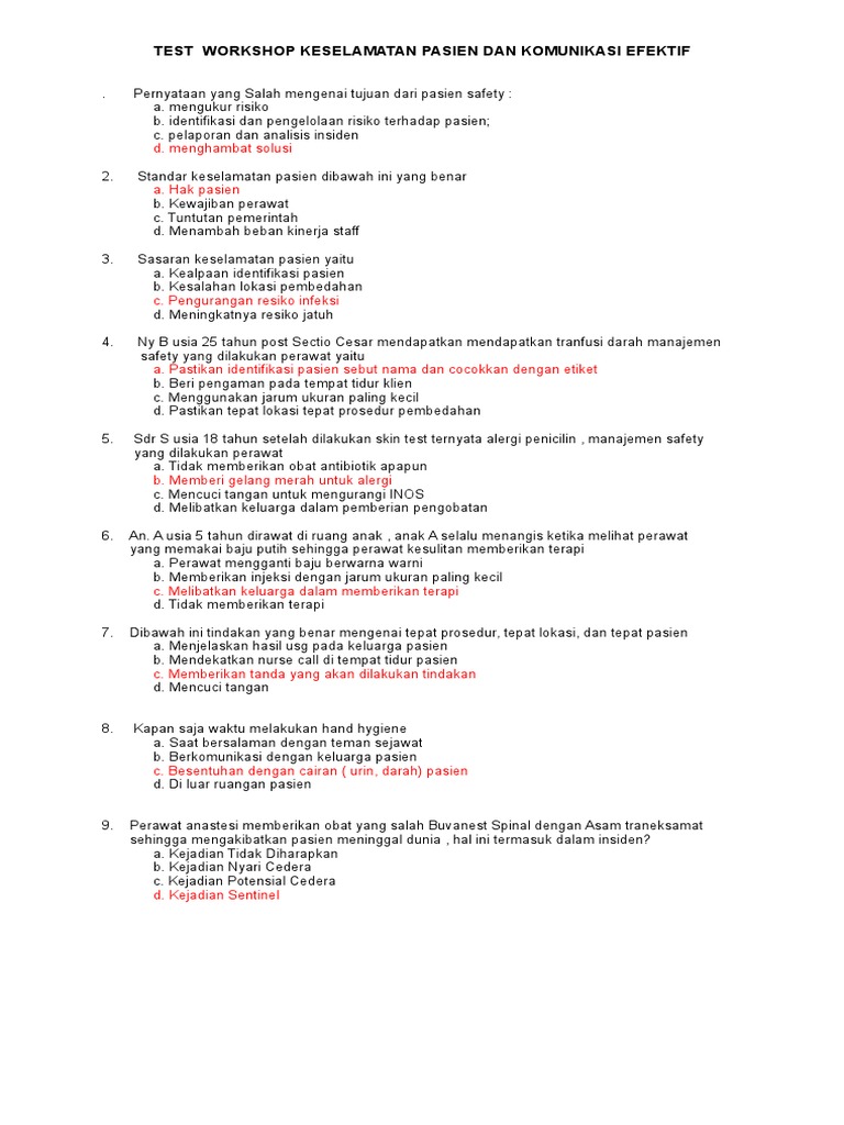 Kunci Jawaban Soal Keselamatan Pasien Dan Komunikasi Efektif