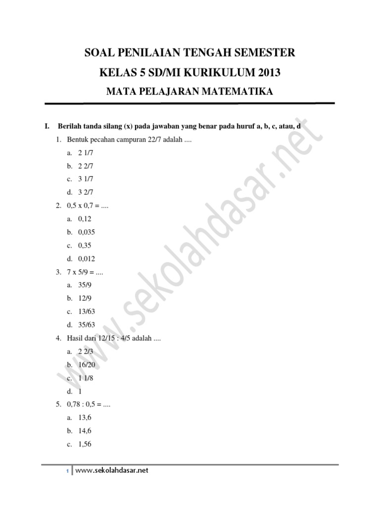 Soal Penilaian Tengah Semester Matematika Kelas 5