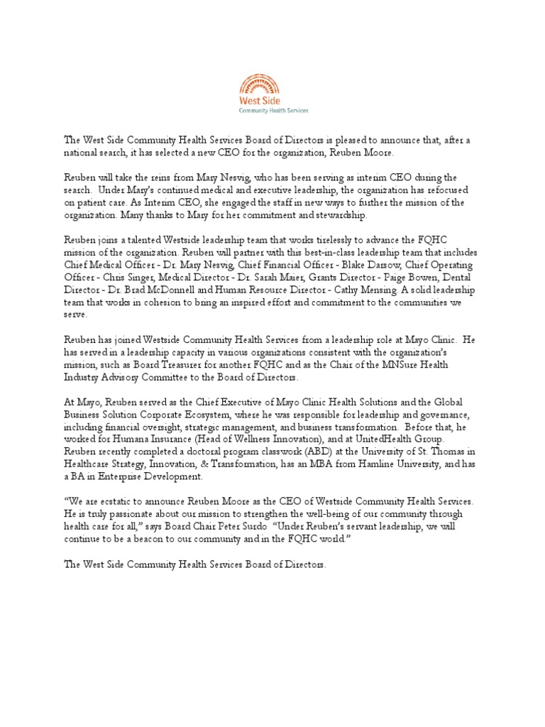 New CEO Reuben Moore Joins West Side Health | PDF | Chief Executive ...