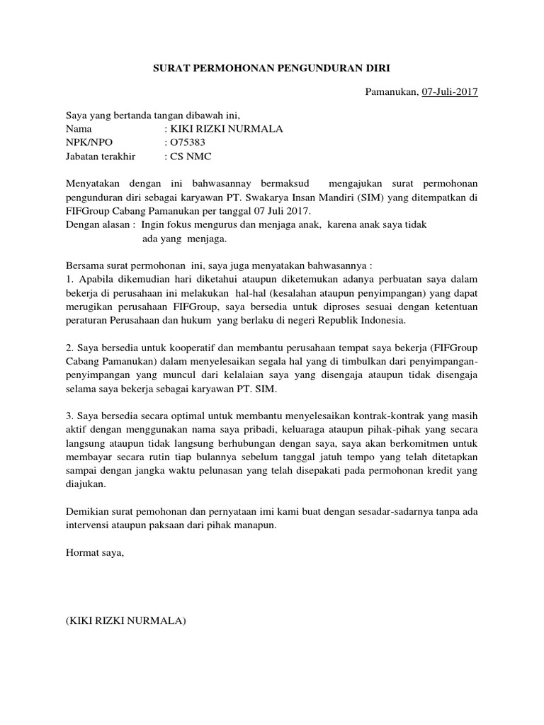 Surat Permohonan Pengunduran Diri